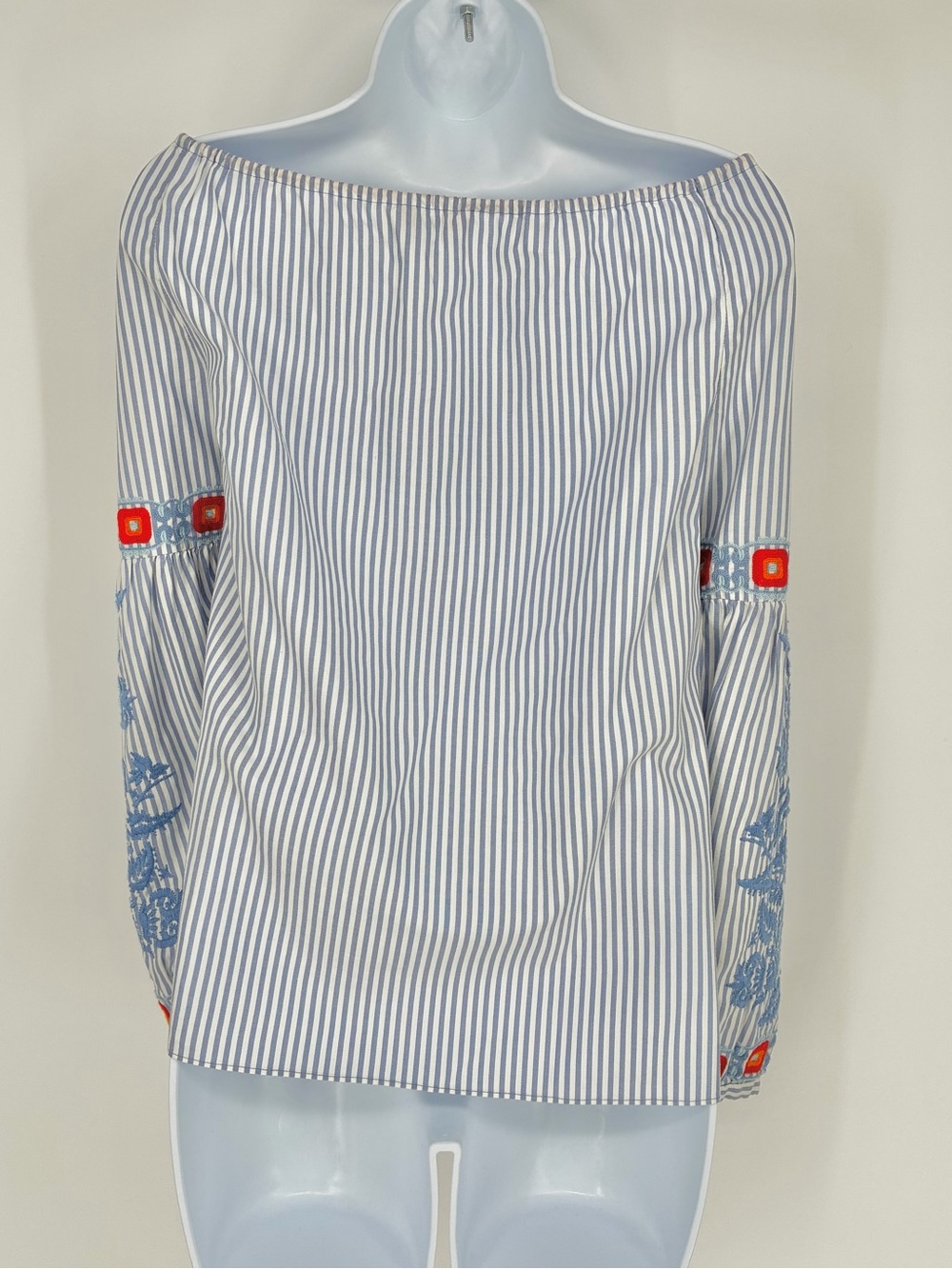 Tory Burch Blue White Striped Embroidered Tassel Peasant Blouse Tunic Size 2 - Picture 8 of 10
